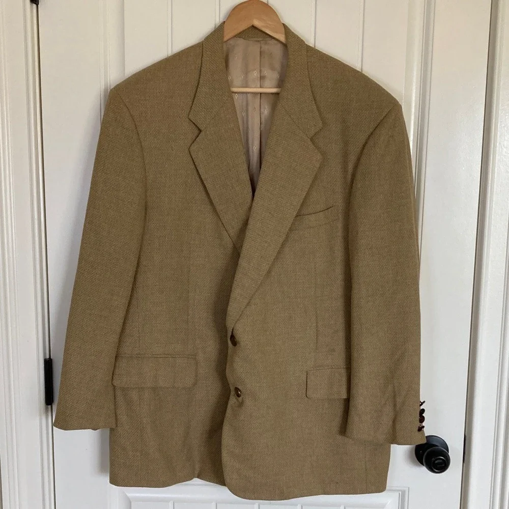 Tom James Bespoke Mens Filo A Mano 2 Button Blazer Size 50R‎ Tan Grey Bronze